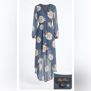 Pink Rose Dusty Blue Floral High-Low Wrap Dress